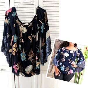 Oddy Womens Sz 1X Boho On/Off Shoulder Floral Navy Flowy Top Velvet Bell Sleeves